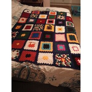 Vintage Granny Square Crocheted Afghan Blanket Quilt Large Colorful. Read!!!
